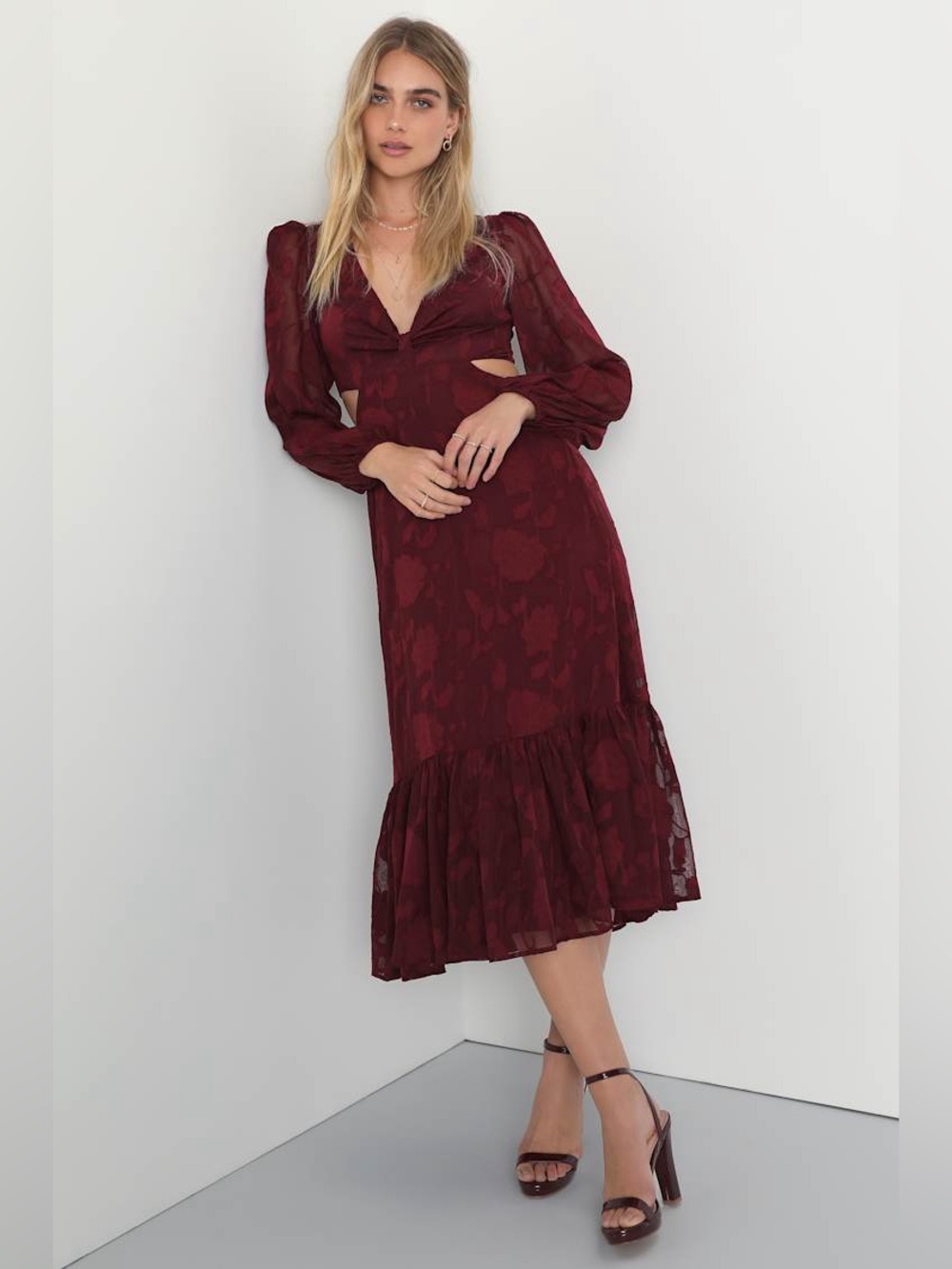 Lulu's Burgundy Cutout Midi Dress with Ruffle Hem